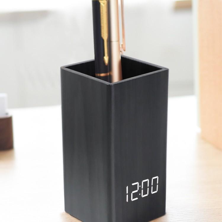 Smart voice-activated silent led wooden clock, wooden clock pen holder, alarm clock, handicraft gift USB charging