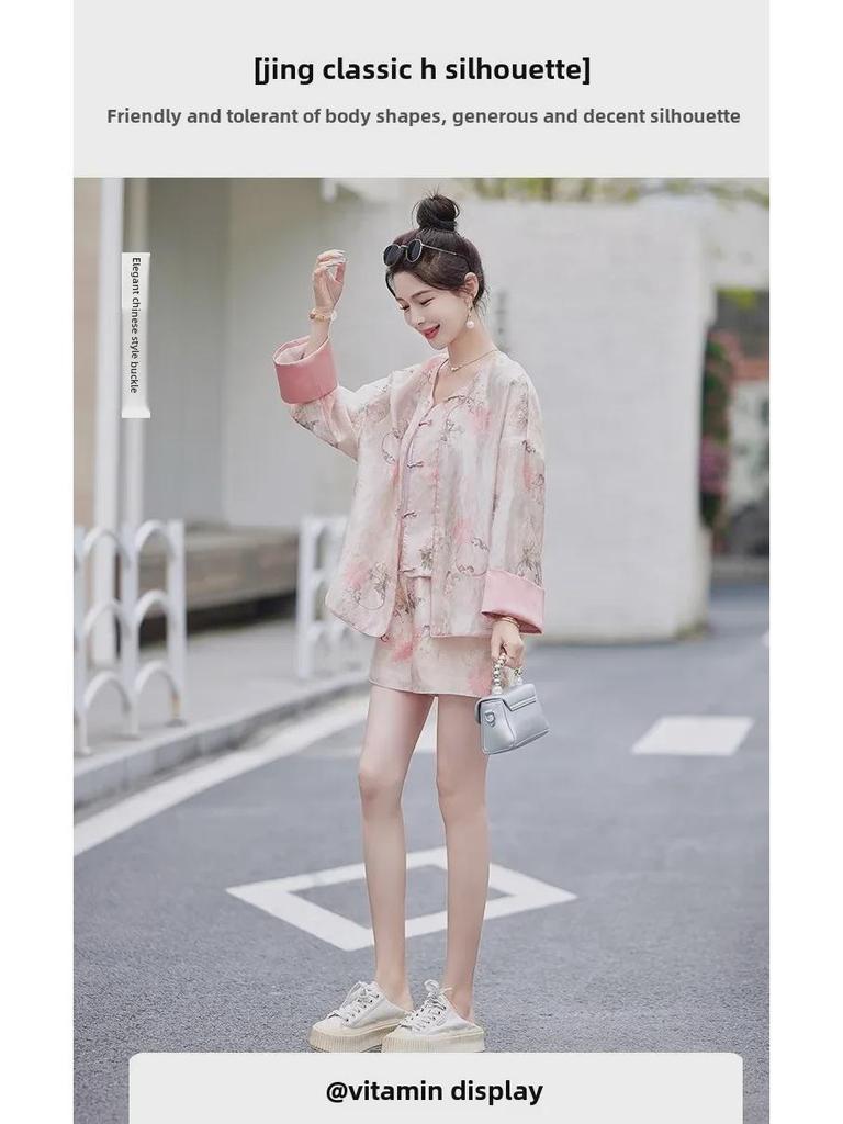 Women's Summer Chinese-Style Slim Shorts & Printed Cardigan Two-Piece Set