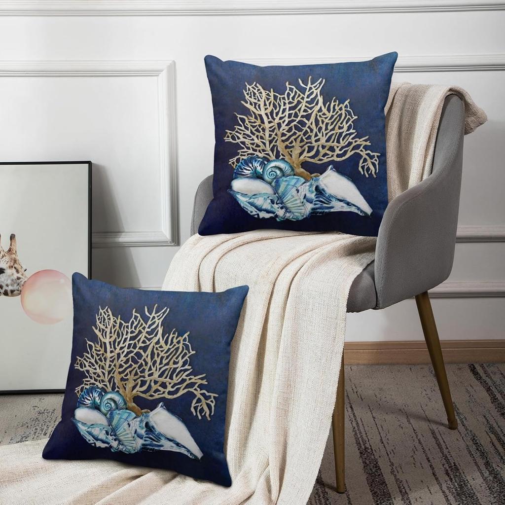 Emvency Set of 2 Throw Pillow Cover Blue Seashore Indigo Ocean Coral Seashells Beach House Gray Coastal Decorative Pillow Case Home Decor Square 18 X