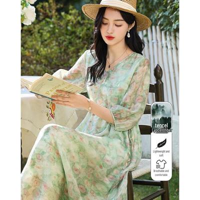 Demana Monet Garden Printed V-Neck A-Line Midi Dress