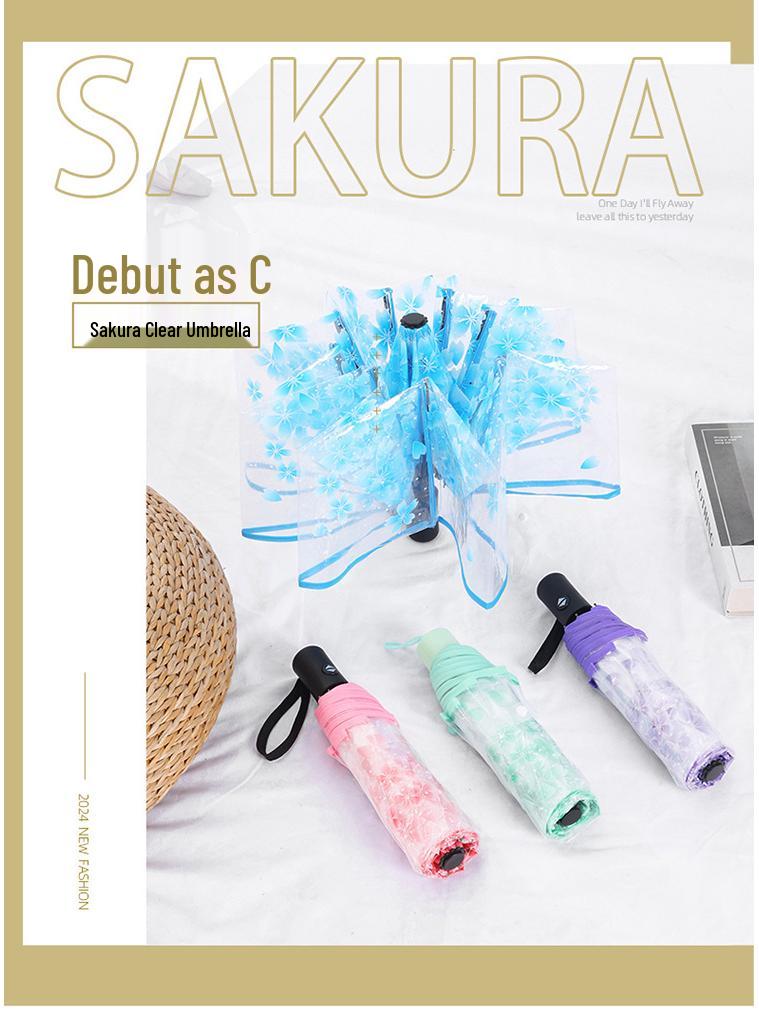 Cherry Blossom Transparent Automatic Umbrella - Soft Girl Three-Fold Design