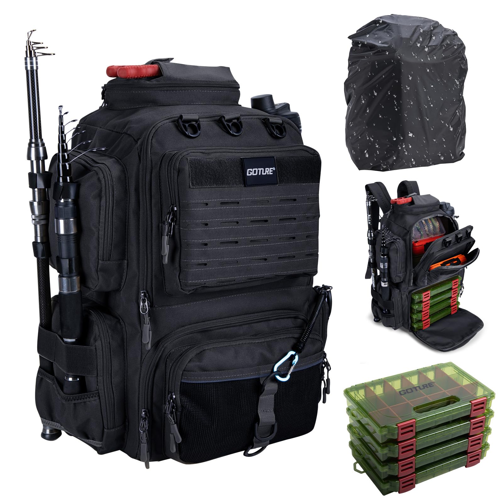 

Goture Fishing Fishing Tackle 45L Large 900D Oxford Includes Four 3600 Lure Rain Rod Tackle Perfect for and Outdoor Black Backpack, Bag, Capacity, чёрный