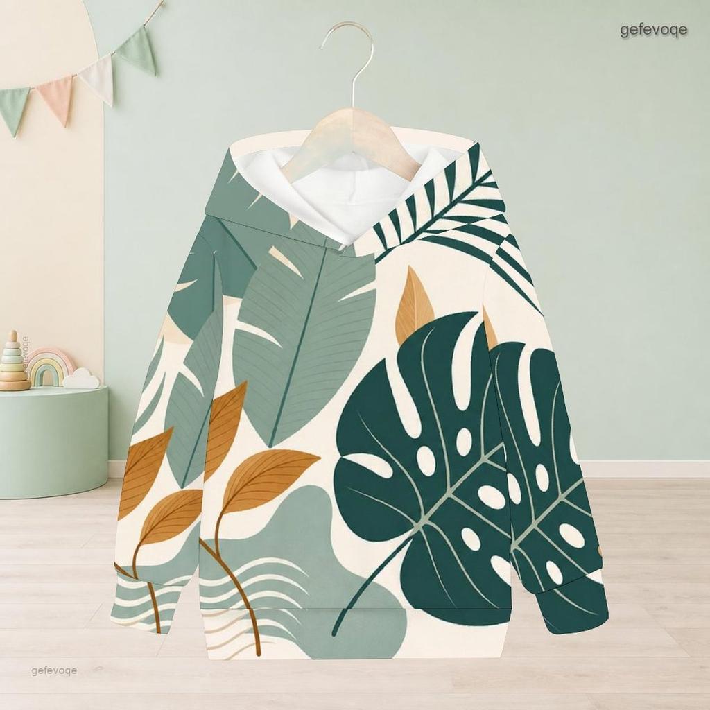 Girls Long Sleeve Hooded Pullover Tropical Leaf Printed Sweatshirt