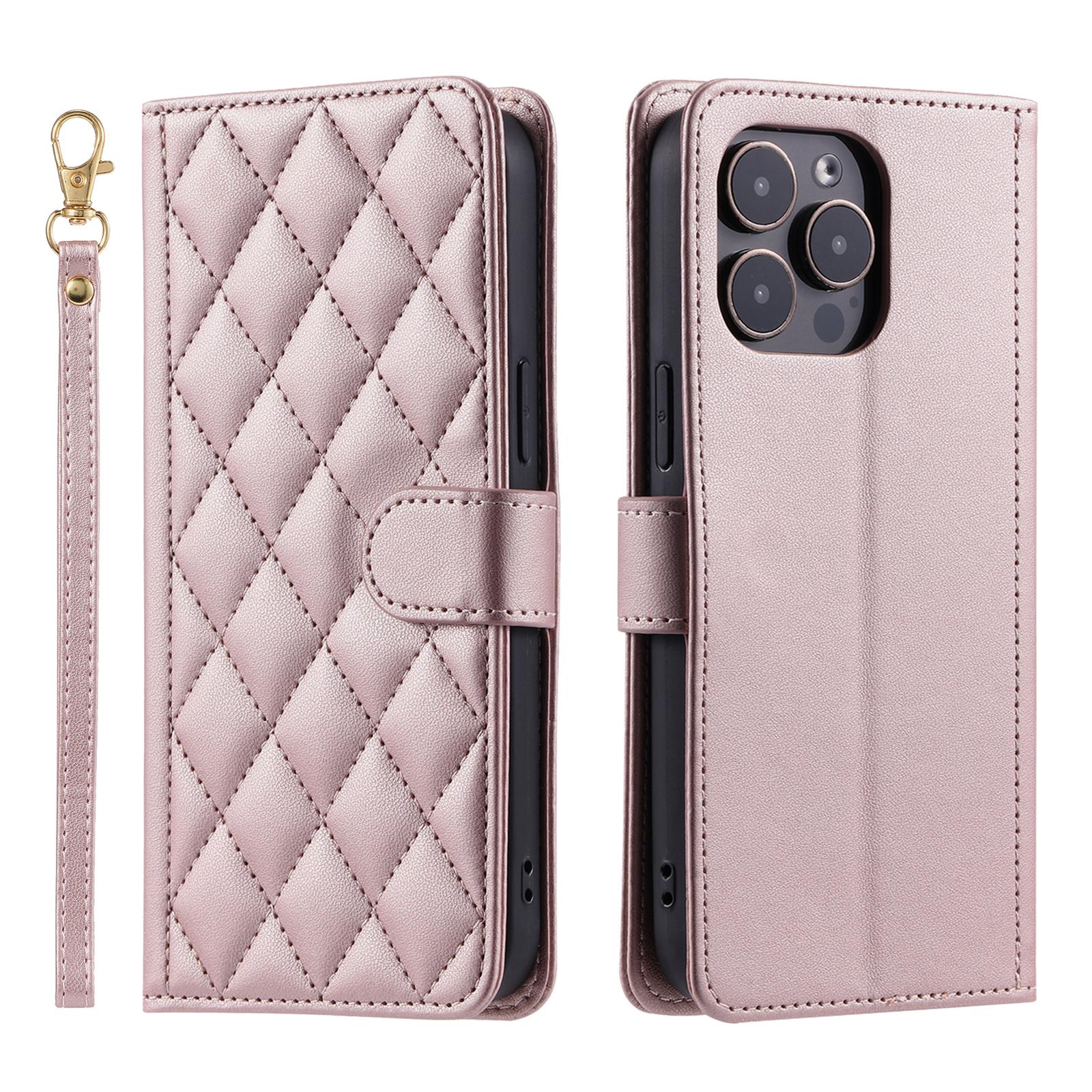 For iPhone 15 Pro Leather Case with Strap Wallet Phone Cover Rhombus Grid Pattern A