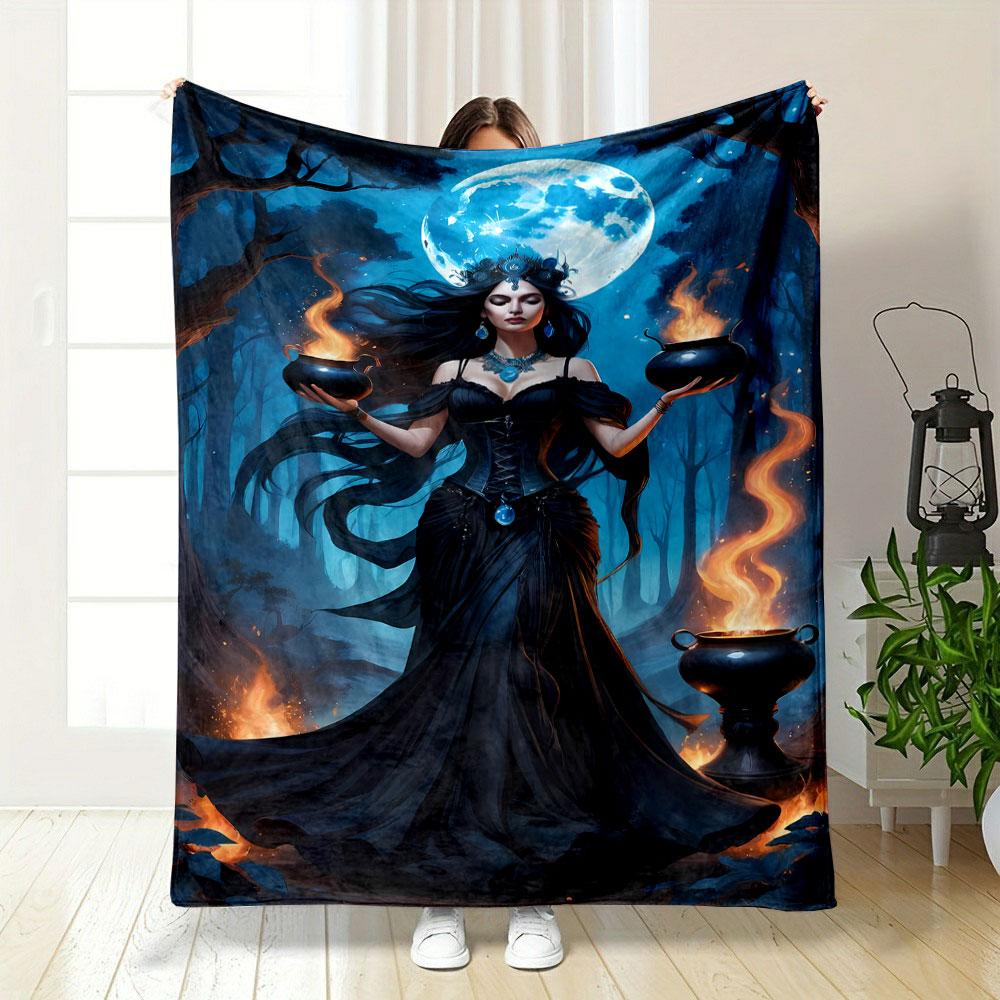 Mysterious Witch Glowing Cauldrons Moonlit Forest Blanket Bedroom Blanket for Livingroom Couch Lunch Break Soft Throw for Friend's Festival Gift