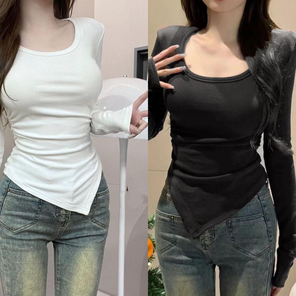 Korean Style Asymmetric Slit Long Sleeve U-Neck Slimming Women's Top - Spring/Summer Fashion