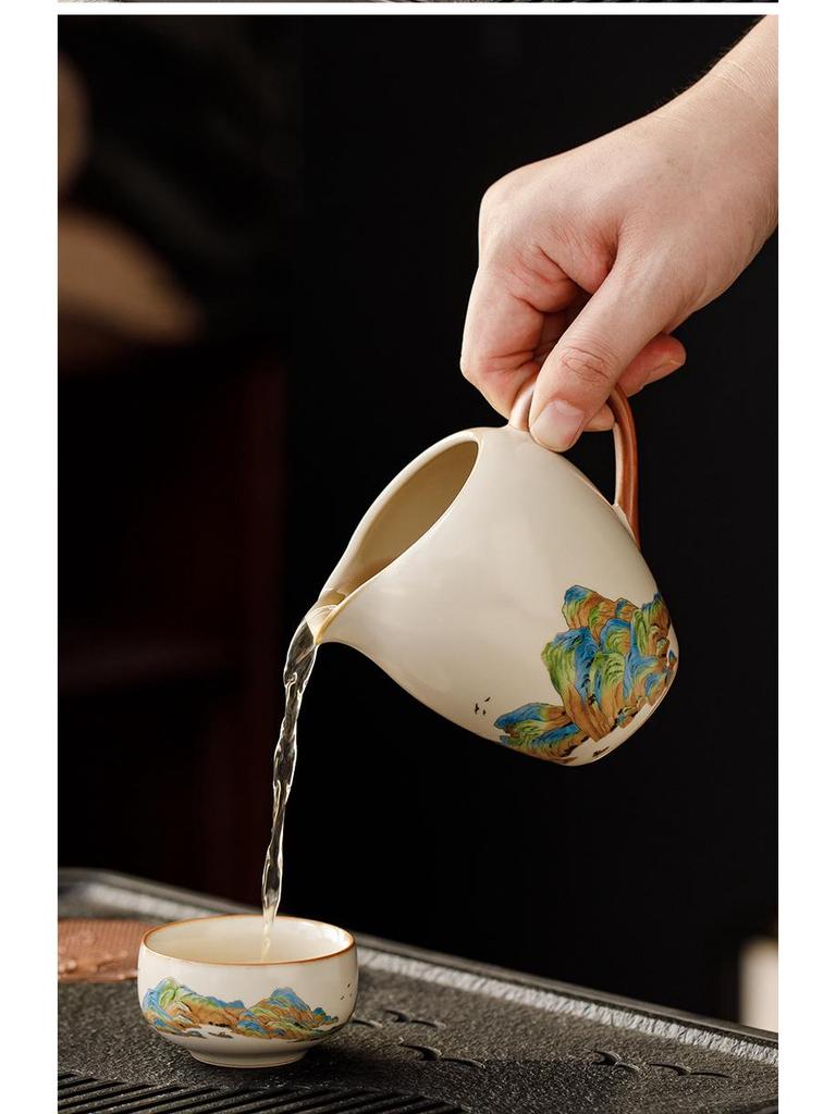 Ru Kiln Light Luxury Tea Set: 'A Thousand Li of Rivers and Mountains' - Complete Teapot and Teacups Gift Box for Elders