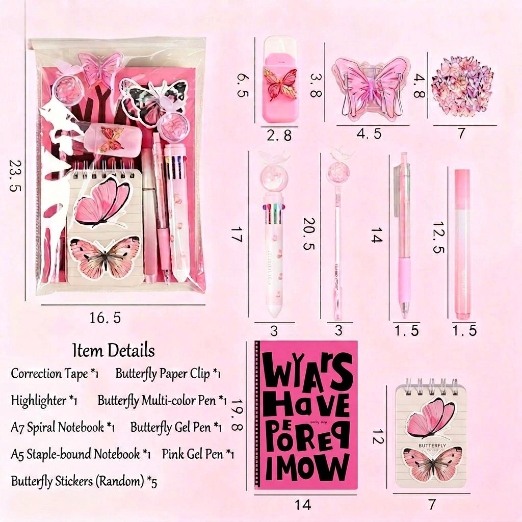 

9pcs Butterfly Themed Stationery Set Cute Aesthetic School Supplies Kit for Kids Students Gift for Birthday Back to School