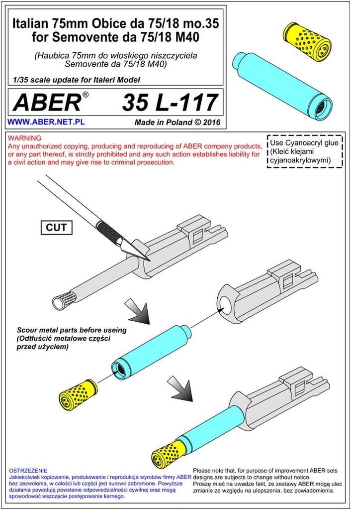 ABER 1/35 Scale 75mm Italeri Metal Barrel for Italian Semovente 75/18 Assault Gun, Model 35L117