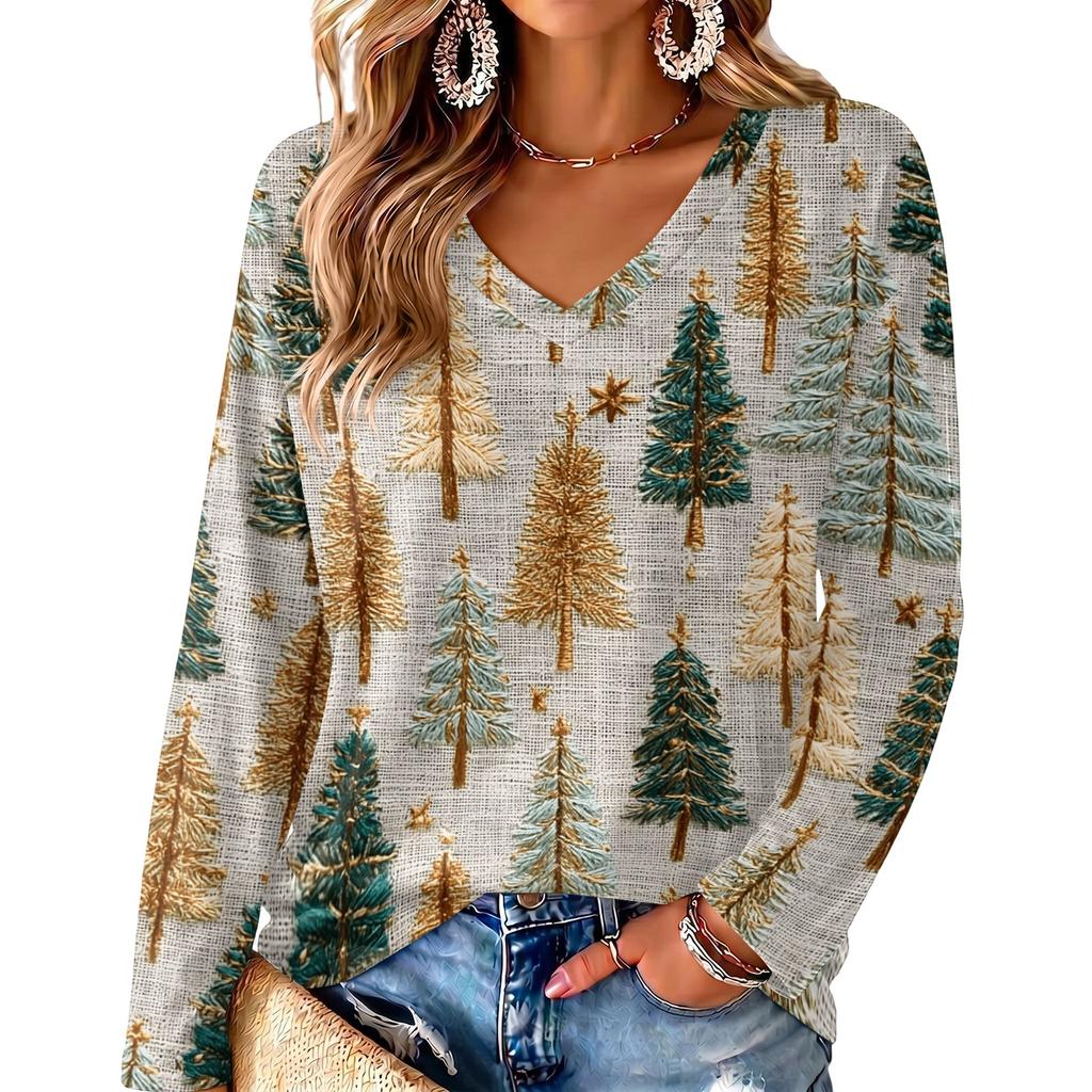 Women's V-Neck Long Sleeve Christmas Print Lightweight Blouse for Spring and Summer