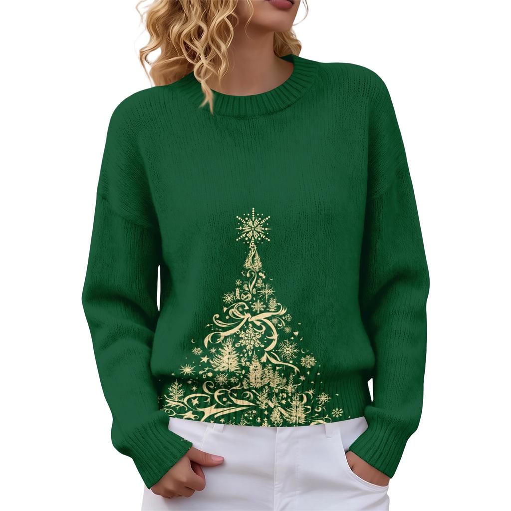 Women's Christmas Print Neck Long Sleeve Sweater Soft Casual Top for Fall Winter Holiday
