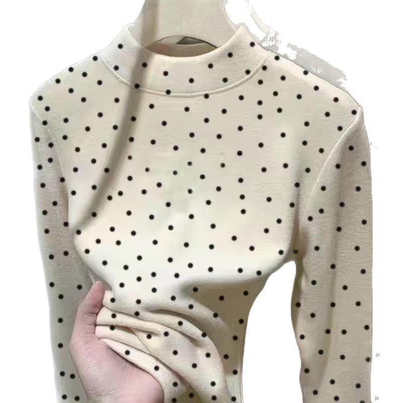 Girls' Polka Dot Velvet Long-Sleeve T-Shirt - Autumn/Winter High-Neck Top for Medium/Large Children