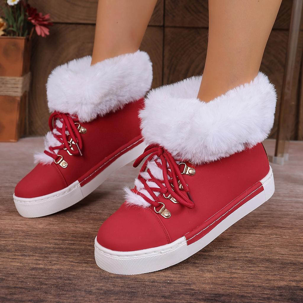 Fashion 2026 Women's Christmas New Fashion Lace-Up Fuzzy Detail Lined Ankle Boots Casual Daily Round Toe Flat Boots Snow Boots