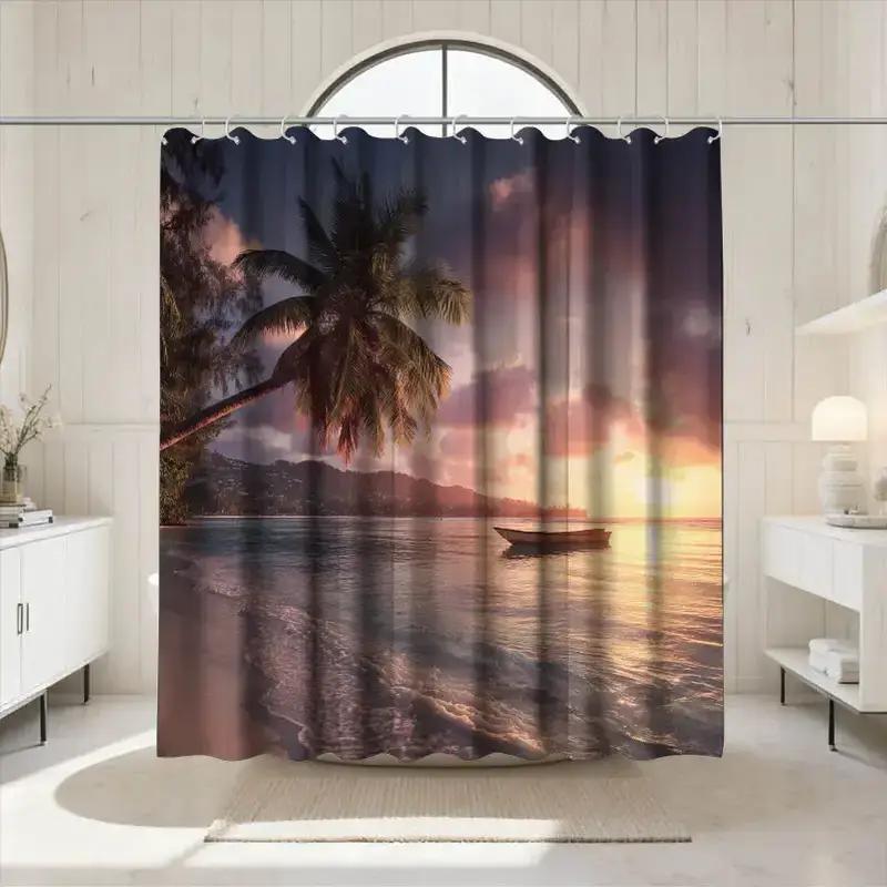 

1 шт. Шторка для душа в ванную, Парусник, Закат, Тропическая тема, В комплекте 12 крючков, 180*180 см, Занавеска для ванной 90x180cm