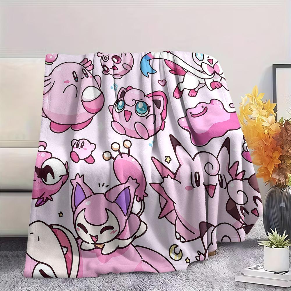 

Pink Pokémon style flannel blanket, suitable for home decor, sweet gift option, soft and warm for bedroom use 75x90cm