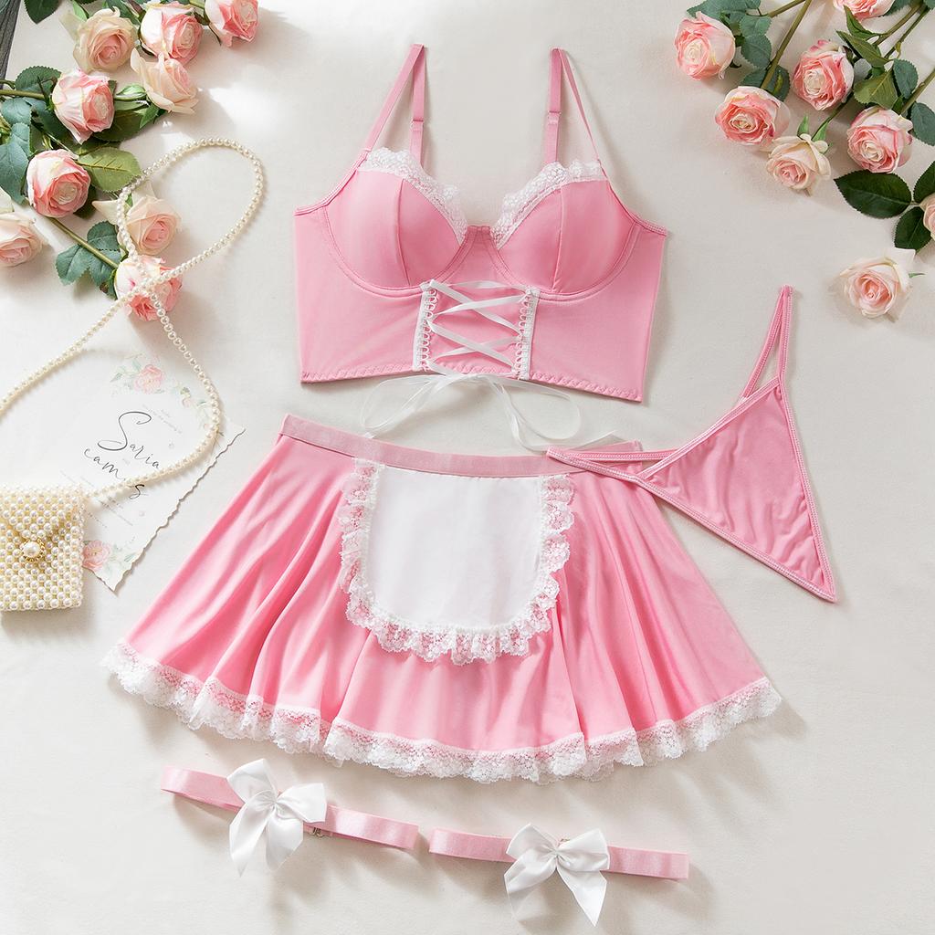 Maid Cosplay Bow Bandage Apron Maidservant Uniform Women's Sexy Lingerie 5-Piece Sets Lace Patchwork Sensual Tempt Onlyfans Kit