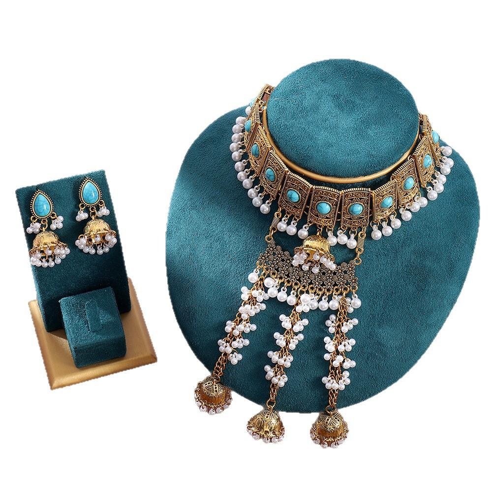 Indian Ethnic Style Colored Diamond Bells, Pearl Necklace, Earrings, Two-piece Set, Retro Style Exotic Bridal Alloy Jewelry.