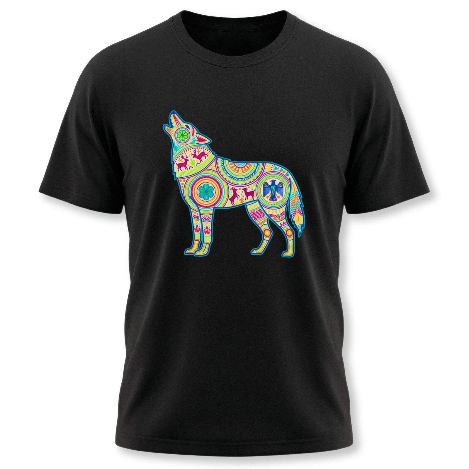 Huichol Wolf Standing T-Shirt | Vibrant Howling Folk Art Graphic Tee Shirt L