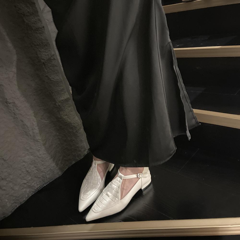 fashion Pointed Toe Women Flats Loafers 2024 New Arrivals Dress Shoes Ankle Strap Flat Low Heels Black Gold Brown White Weave Design 39