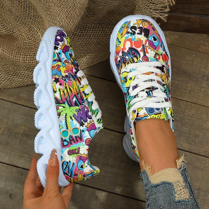 Zapatillas planas de moda para mujer 2024 Primavera y Otoño Nueva Moda Estampado Aleatorio Cómodas para Caminar con Cordones Zapatos Casuales Talla Grande