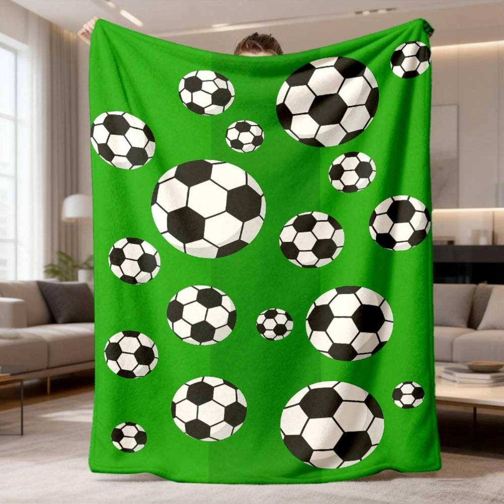 2026 New Flannel Blanket Arrival 1pc Soccer Design Ultrasoft, Lightweight & Durable Polyester, Bright Green with Black & White Soccer Ball Pattern, Id