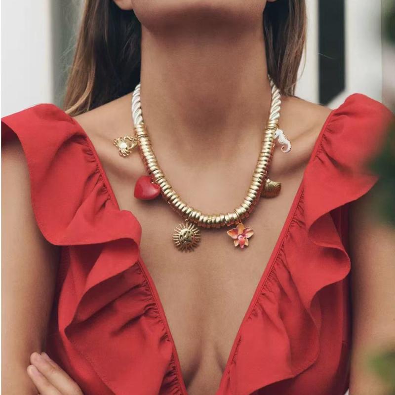 Vintage Handmade Charm Cord Necklace For Women Golden Ocean Animal Pendant Rope Chain Jewelry Summer  Wearing Gift