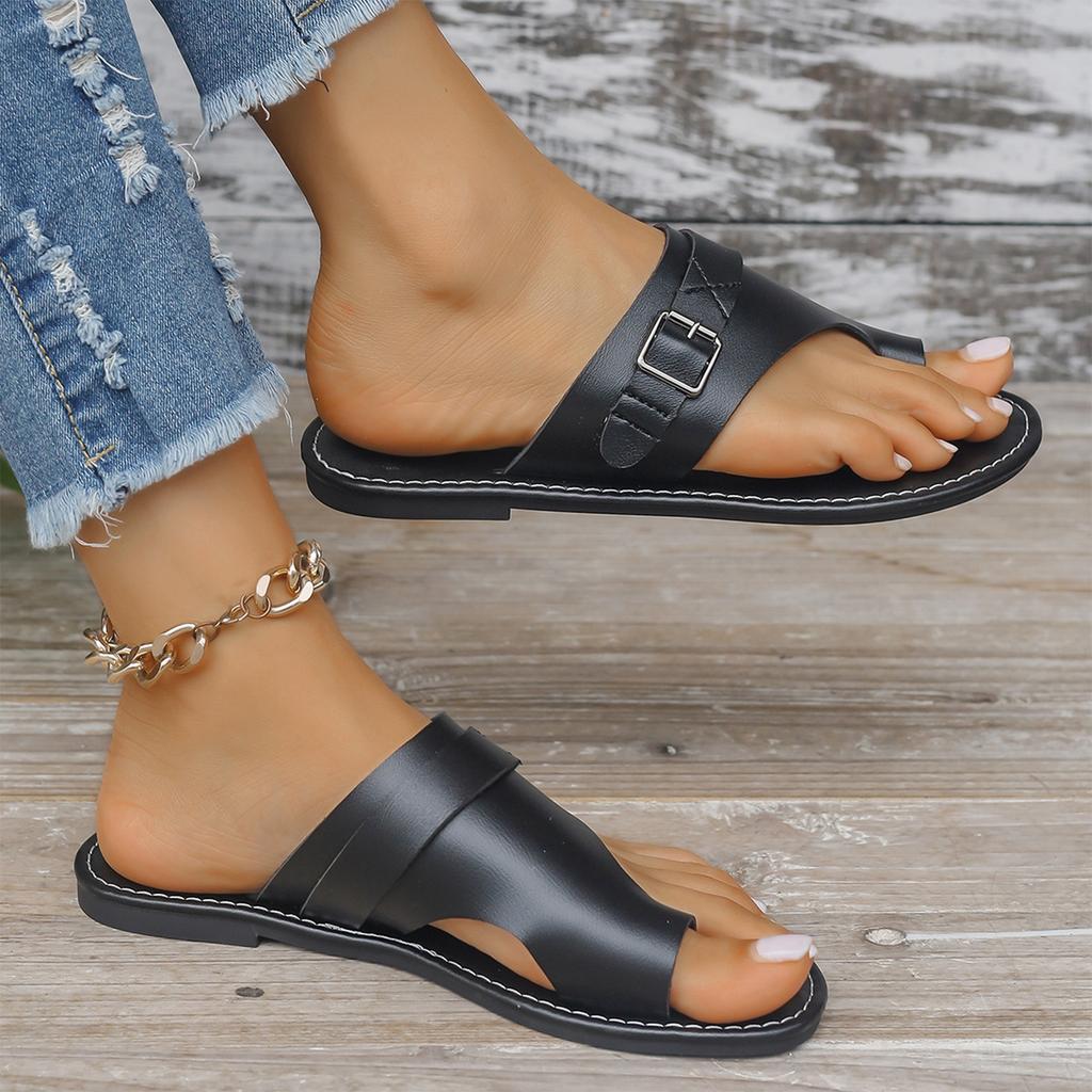 Women's fashionable toe strap buckle versatile casual non flat slippers