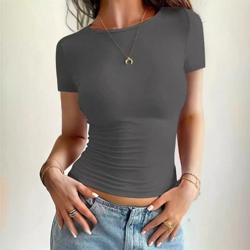 Women Cropped Slim Fit Solid Crew Neck Short Sleeve T Shirt