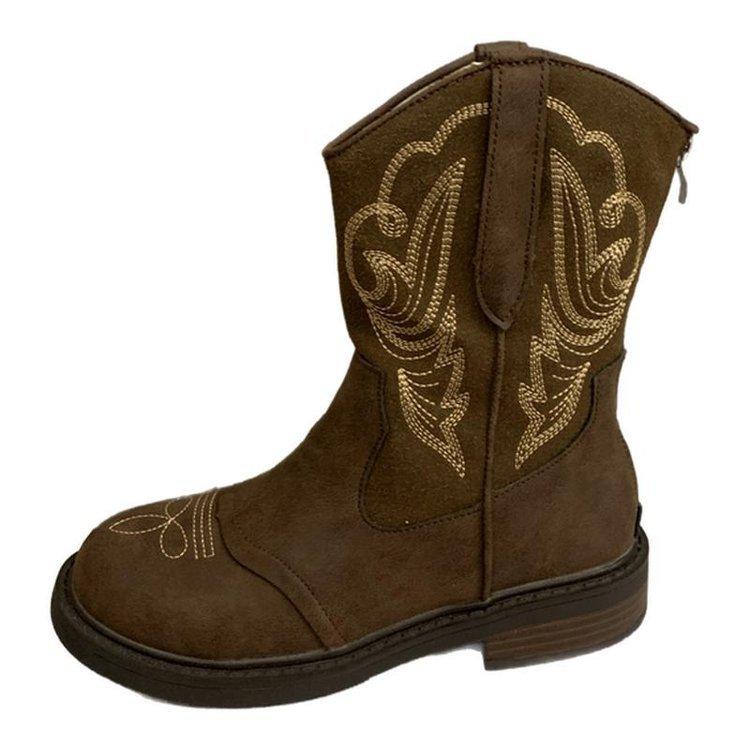 Leather~ Jiaoyu British style boots women's brown retro European and American embroidered western cowboy boots thick-soled Martin boots