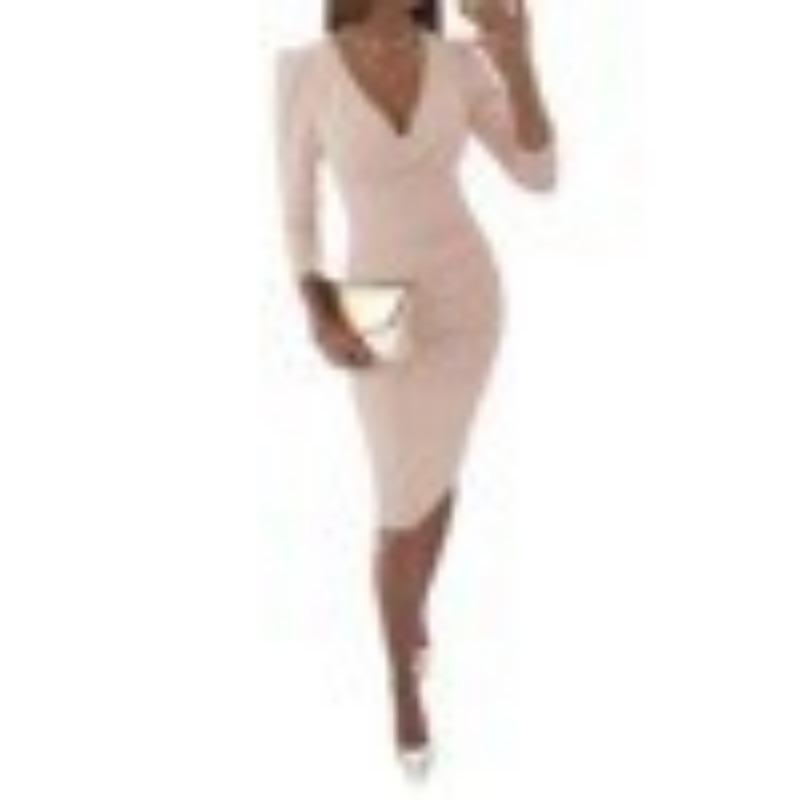 V Neck Sexy High Waist Solid Color Long Sleeve Commuter Slim Pencil Midi Dress For Women