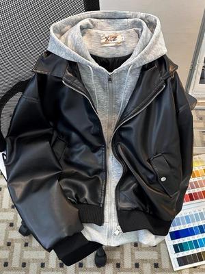Chaqueta con capucha de cuero PU Patchwork Negro Retro para Hombre: Ropa exterior casual suelta para motocicleta Otoño/Invierno.