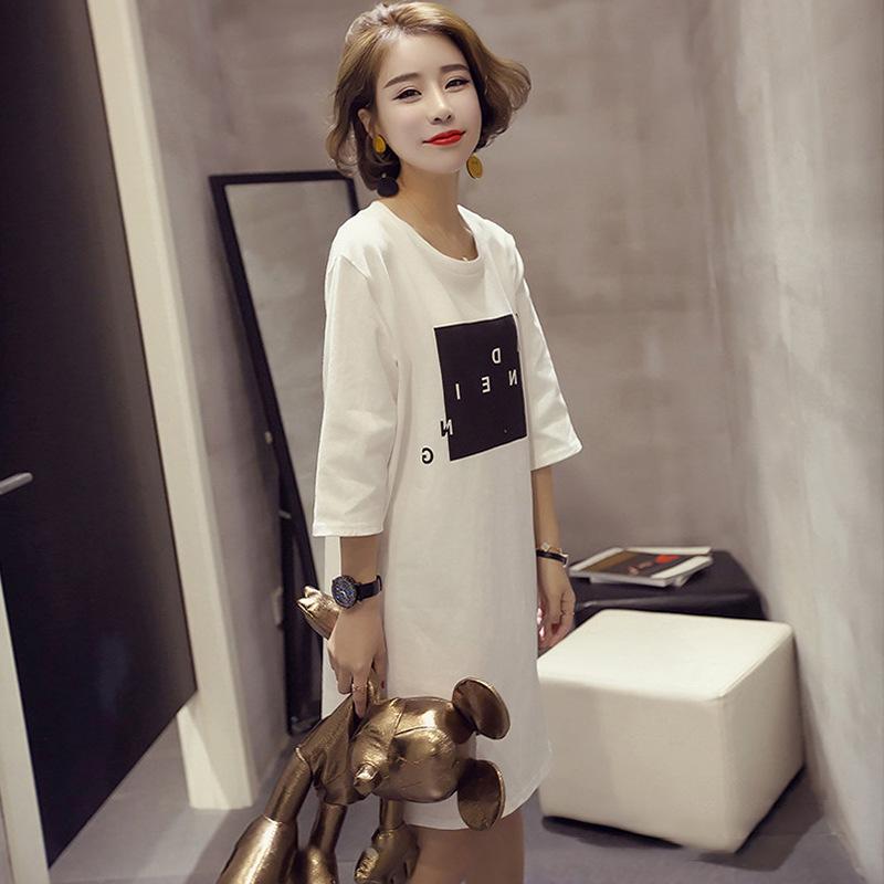 New Korean Style Loose Mid-length Short-sleeved Slit Dress for Women Half-sleeved Student T-shirt Women Top