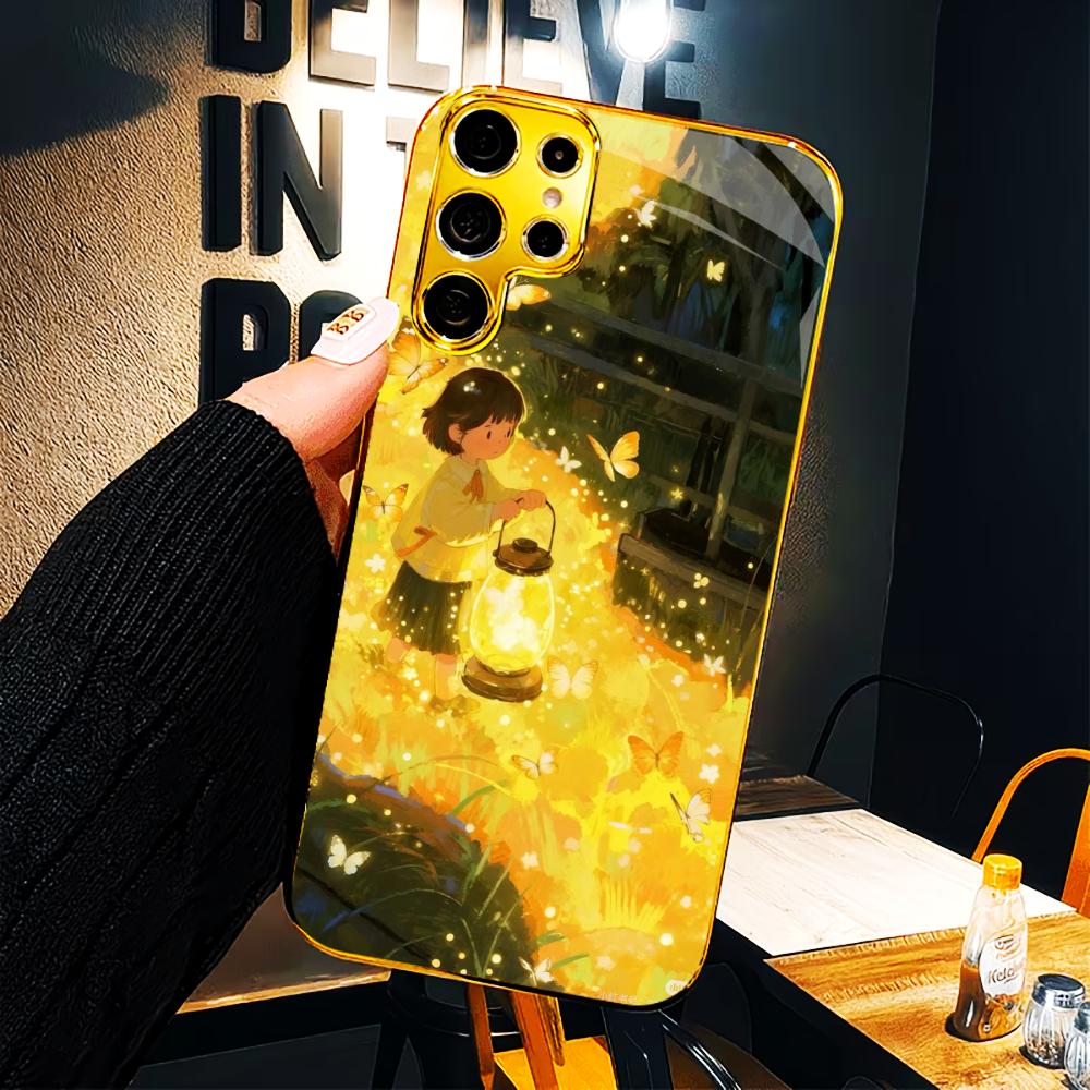 Protective Cover Cartoon High-end Electroplating Glass PhoneCase for Samsung Galaxy S26 S25 S24 S23 S22 S21 FE,Ultra,Plus