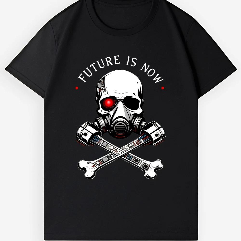 Unisex Future is Now Cyberpunk Skull T-Shirt-Gas Mask & Piston Crossbones Tee M