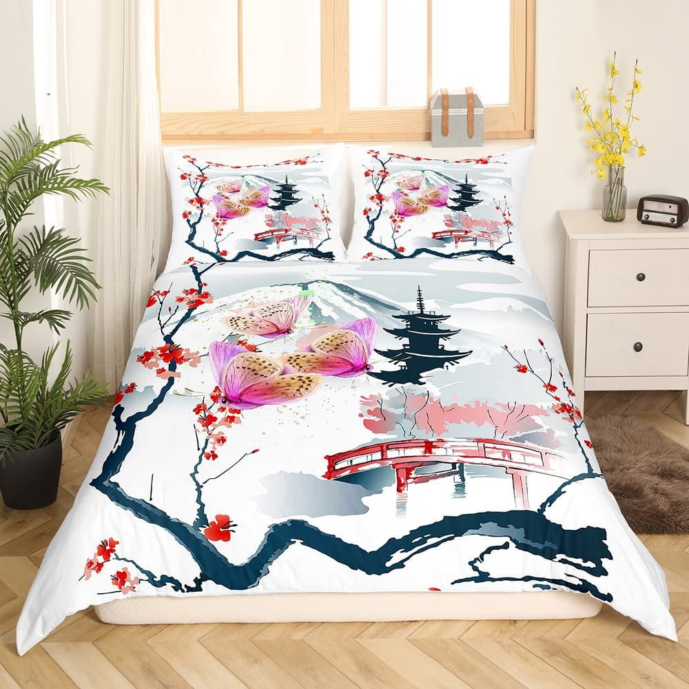 Comforter Plum Blossom Flower Floral Comforter For Kids Teens Women Butterfly Branches Ink Style Warm And Comfortable