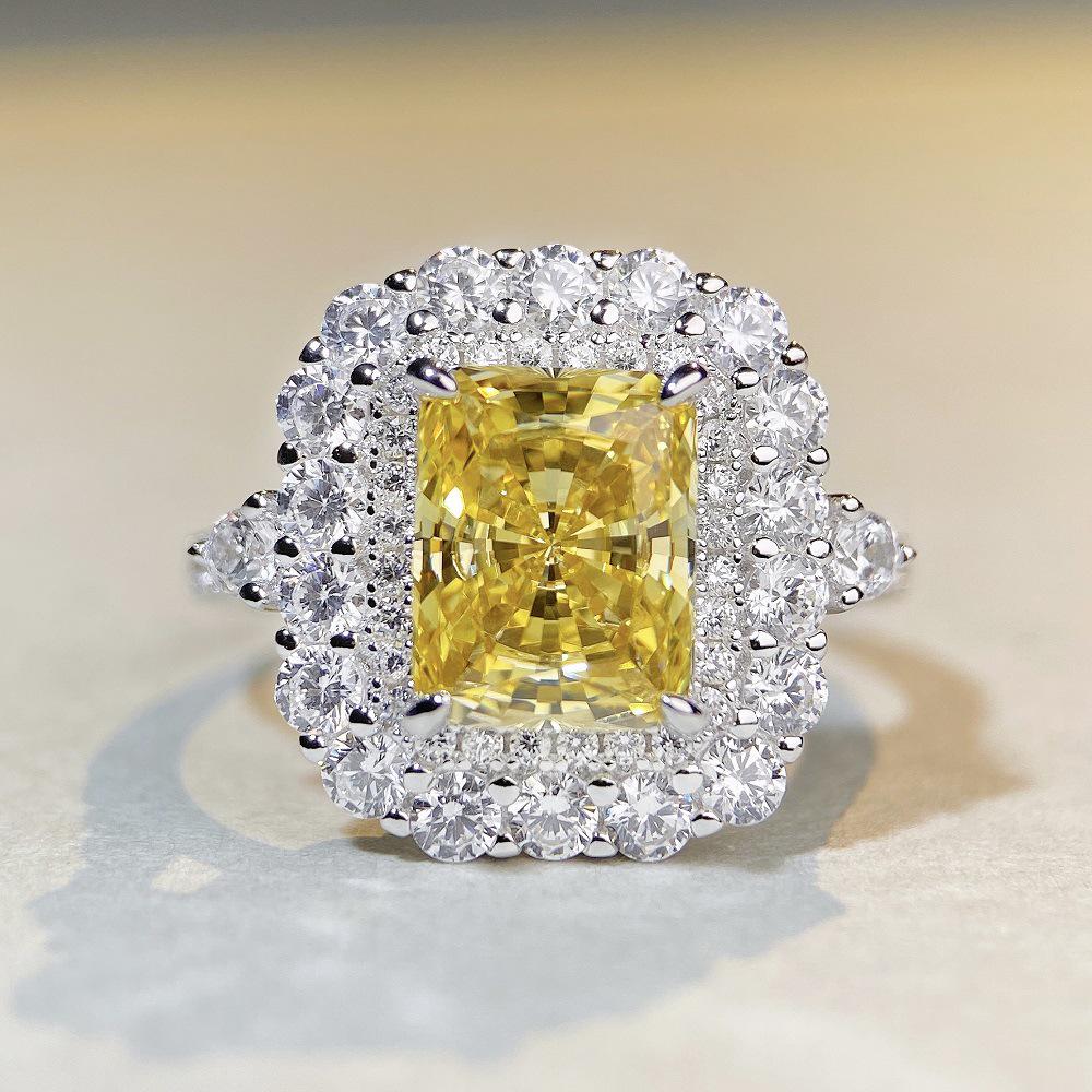 S925 Sterling Silver Radiant Cut Yellow Diamond Ring for Women – High-End Square Design, Cross-Border Bestseller