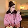 Women's American-Style Pink Denim Fur Collar Jacket - Short, Thick, and Beautiful Winter Coat.