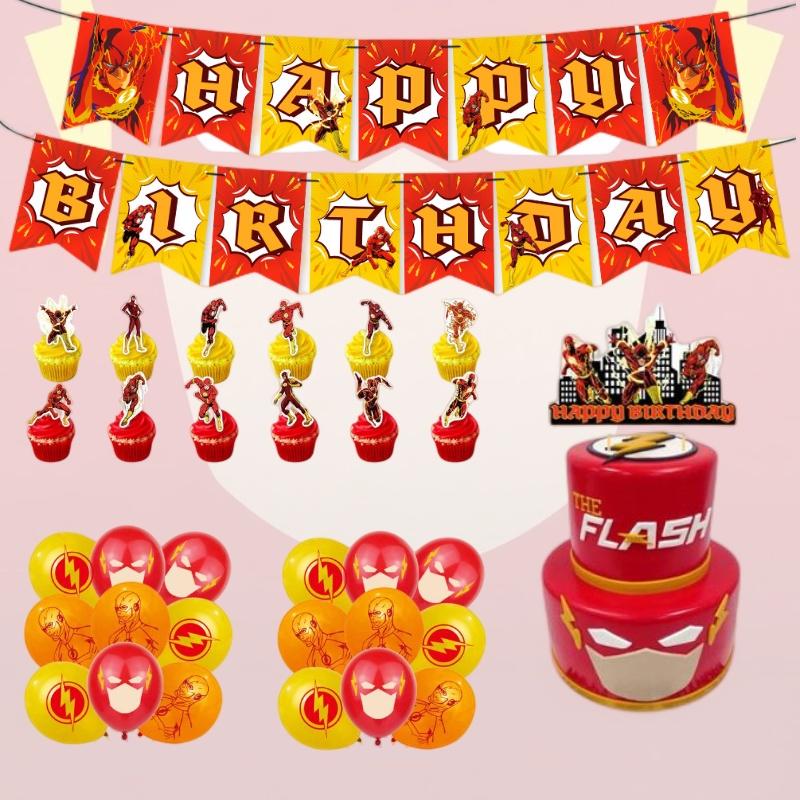 The Flash Themed Birthday Party Decorations Set With Banner, Cake Topper, And Balloons