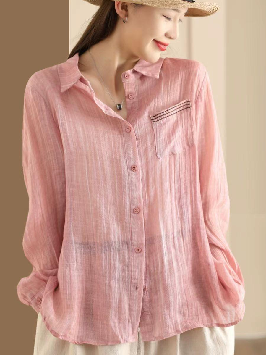 

Johnature Женские винтажные рубашки с отложным воротником и длинными рукавами, весенние пуговицы, однотонные блузки, мягкие рубашки One Size розовый