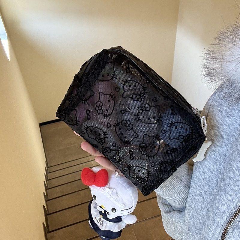 Black Mesh Hello Kitty Makeup Bag Portable Cosmetic Pouch Durable Organizer For Travel