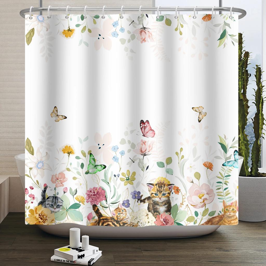 Floral Duschvorhang für Badezimmer Vintage Blume Schmetterling Wasserdichter Stoff Boho Badewanne Badezimmervorhang Mit Haken 180x240