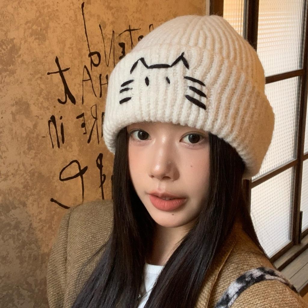 Line Kitten Cute Woolen Hat for Women in Autumn and Winter Warm and Windproof  Versatile Simple Ear Protection Hat Knitted Hat  Cold Hat