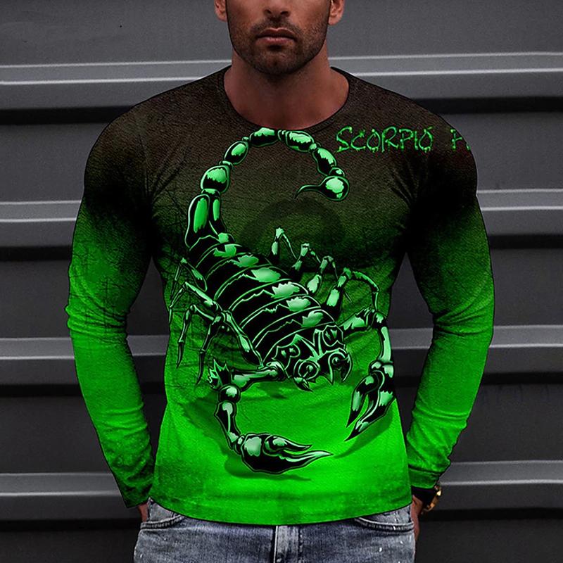 

Новые мужские футболки с принтом скорпиона 3D, футболки с длинным рукавом, повседневные свитера с круглым вырезом, мужская одежда больших размеров 8XL зелёный