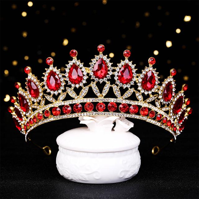 Luxury Gold Red Crystal Rhinestone Tiaras And Crowns Queen Princess Diadem Wedding Hair Accessories For Bride Women Hair Jewelry