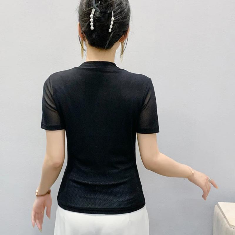 Streetwear Girl Summer Chic Beading Clothes Mesh T-Shirts Sexy V-neck Women's Tops New Casual Short Sleeve Tees