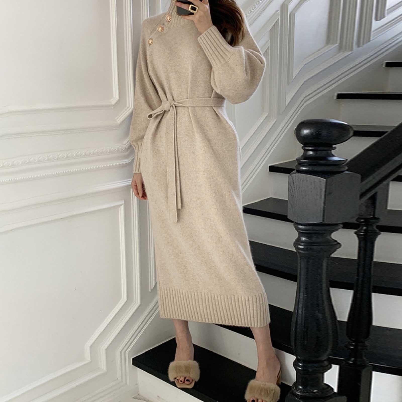 

Женская осенне-зимняя мода, свободный свитер с воротником на пуговицах, однотонное повседневное платье