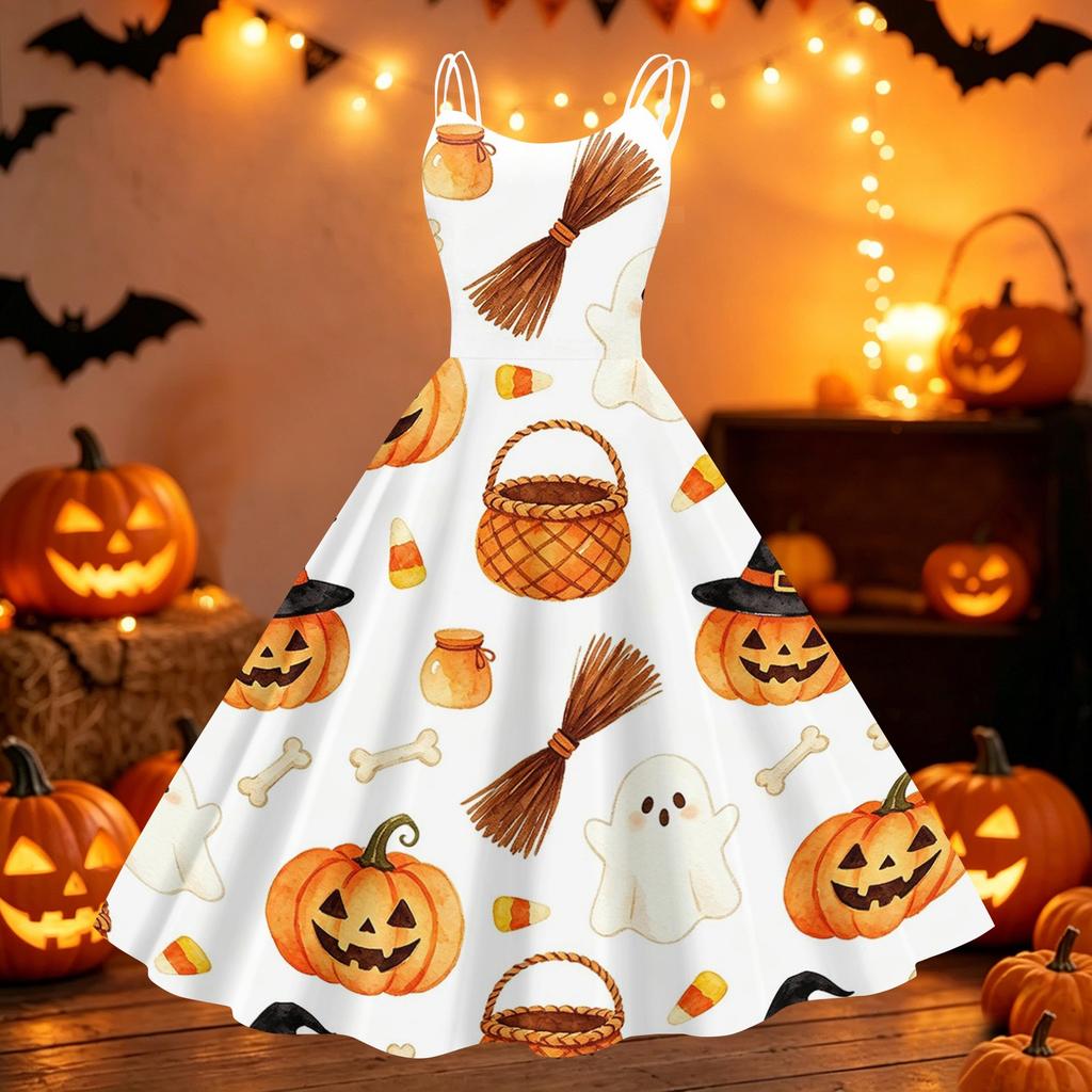 Women Halloween Printed Off Shoulder Vintage Punk Dress Sleeveless Swing Dress Party Dress with Adjustable Straps