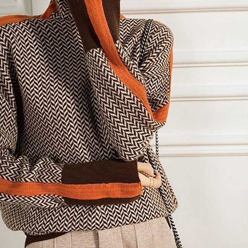 Geometrischer Strickpullover mit Farbblock-Kanten für Damen Herbst