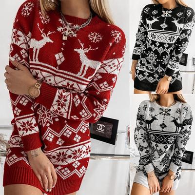Christmas Theme Ladies New Sweater Elk Snowflake Christmas Jacquard Knitted Dress