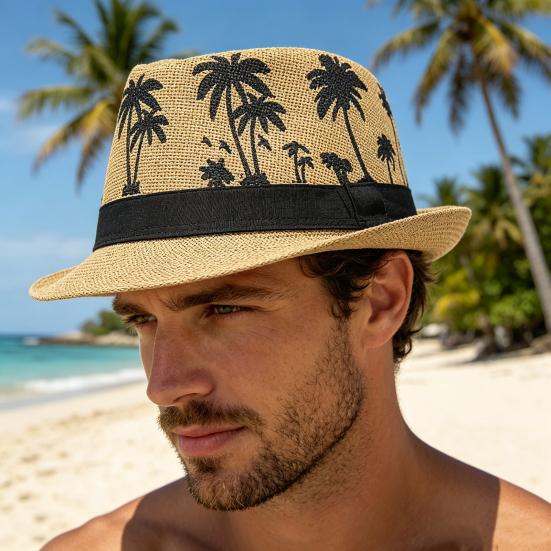 Yousheng Vacation Beach Hat, Straw Woven Sun Protection Hat with Coconut Tree Pattern, Retro Jazz Style Hat for Summer Vacations Pool Parties